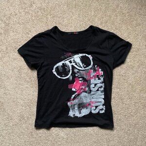 Y2K Sick Black Neon Pink Print Lady Gaga Style Tee